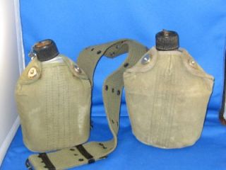 two us wwll canteens with covers and us army belt