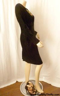 80s Vintage Black Velvet Dress Form Fitting Embroidered Beaded Vtg Sz 