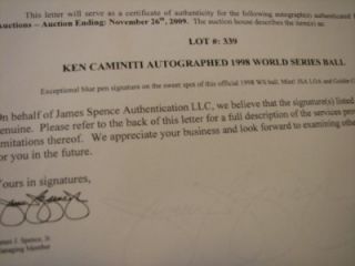 KEN CAMINITI Signed & James Spence Authenticated 1998 W.S. Baseball 