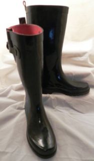 Capelli New York Black Rain Boots Size 6 Single Buckle Pink Lining 