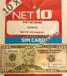 10 x Net10 Sim Cards Lot of 10 $50 Bonus w Activation Become A Dealer 