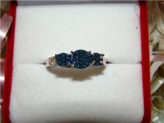 925 3 Stone Caribbean Blue Diamond Cluster Ring Size 8