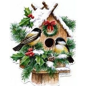 Carol Wilson Christmas Winter Birdhouse w Chickadees Boxed Greeting 