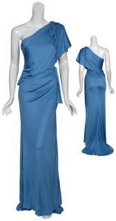 Carolina Herrera Slinky Knit Cornflower Blue Draped Evening Gown Dress 