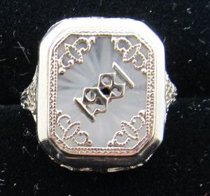 Dated 1931 Camphor Glass Ring 14k White Gold Filigree