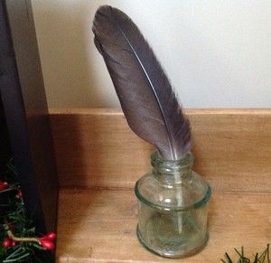 Vintage Carters Glass Ink Well with Primitive Feather Quill
