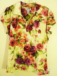 Caribbean Joe stretch floral print V neck polo style knit top blouse 