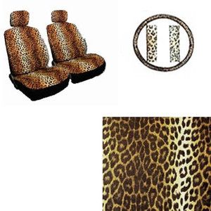 7pc Beige Tan Leopard Cheetah Front Bucket Car Seat Covers Steering 