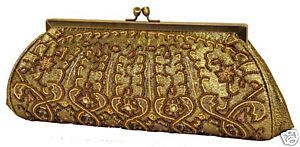 Carlo Fellini Amaryllis Antique Gold Clutch Beaded Evening Handbag 