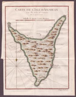 1750 Original Bellin Map Carte de L´isles D´anjouan Une Des Isles de 