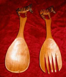 Zebra Animal Wooden Hand Carved Salad Spoon Fork Teak