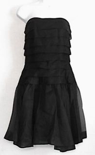 CARMEN MARC VALVO Black Silk Organza Dress Sz 6 Strapless Pleats