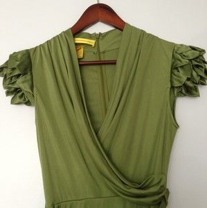 Catherine Malandrino Dress Green Knee Length Short Sleeve 100 Silk 
