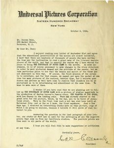 Carl Laemmle SR Typed Letter Signed 10 02 1924