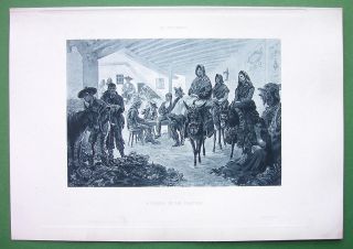 SPAIN Old Castille Posada Ladies Ride Donkeys   Antique Print