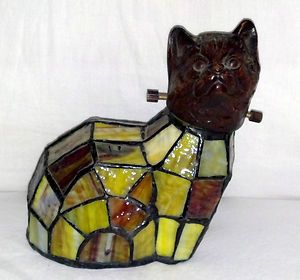 Cat Figurine Lamp Shade with Slag Stained Glass Body Bronze Head