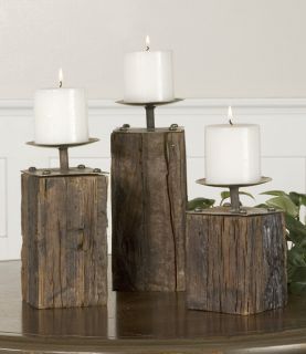 Rustic Lodge Style Candle Holders Set 3 Reclaimed Wood Metal 