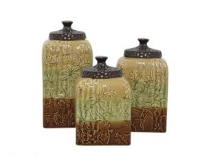 Tuscan s 3 Green Brown Ceramic Embossed Canister Set Kitchen Urns Jars 