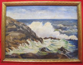 Antique Oil Painting Castle Rock Marblehead Massachusetts Waves Rocks 