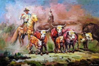 Cowboy Art Horse Cattle Drive Dusty Trail Western 24x36 Oil on Canvas 