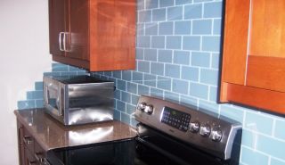 Ocean Grey Glass Subway Tile Kitchen Backsplash