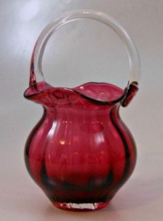 Pilgrim Cranberry Glass Paneled Optic Basket Applied Handle Made in 