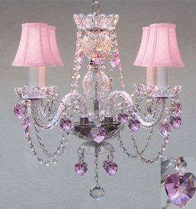 CRYSTAL CHANDELIER W/ PINK CRYSTAL HEARTS & PINK SHADES