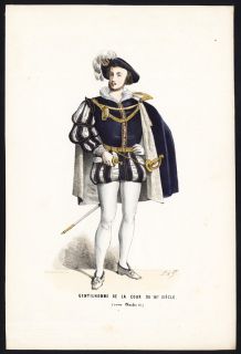 Antique Costume Print Charles IX Gentleman Court 16th Century 1850 