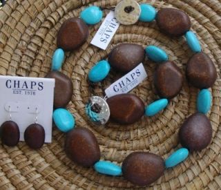 Chaps Turquoise Brown Silver Bead Necklace Bracelet Set