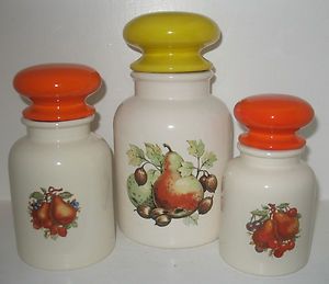 VINTAGE Set of 3 Ceramic Kitchen CANISTERS Pear Design 60s 70s Orange 