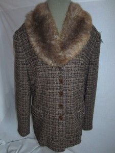 CHARLES GRAY M L NWOT BROWN Tweed Jacket Top Faux Fur Collar EXCELLENT