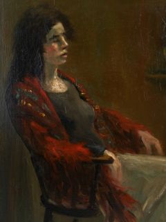 Charles F Bohannah NY  Art Female Red Sweater Sitting Impressionist 