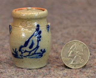 Vintage Rowe Miniature Salt Glaze Crock Blue Bird Doll House Stoneware 
