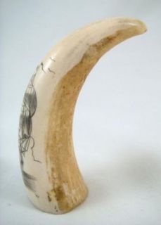 Vintage Antique Carved Ox Bone Scrimshaw Tooth Ship Signed W