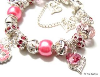   Pink Hearts Childrens Child Girls Charm Bead European Bracelet