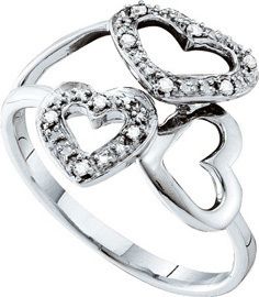 10K White Gold 3 Heart Open Center Diamond Ring WG Unique Womens New 