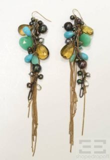   Pearl Turquoise Chrysoprase Citrine Gold Chain Dangle Earrings