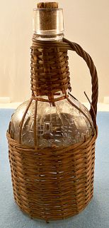 1893 embossed Old Times Whisky, Wicker Wrapped Glass Bottle