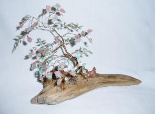 Pink Jadeite Copper Cherry Blossom Bonsai Tree on Driftwood Kitsch 