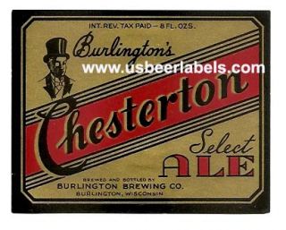 1940s Beer Label Chesterton Select Ale Burlington Wi