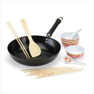   PC Stir Fry Set Wok Cookbook Spatula 4 Bowls Spoons Chopsticks