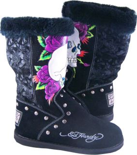 Womens Ed Hardy Black Skull Rose Bootstrap Boots Shoes