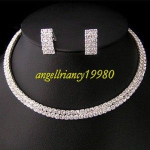    Party Jewellery Precious Crystal 2 Row Chokers Necklace Earring set
