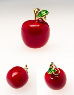 Red Apple Bracelet Charm Pendant Enamel Solid 14k Gold Italy Fine 