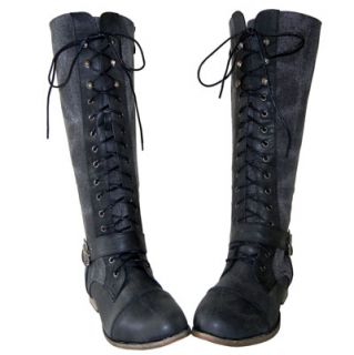 Army Chic Canvas Knee High Lace up Military Combat Boots Black