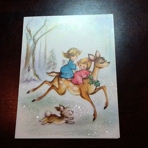    Glittered Christmas Greeting Card Prancing Deer with Angels Cute
