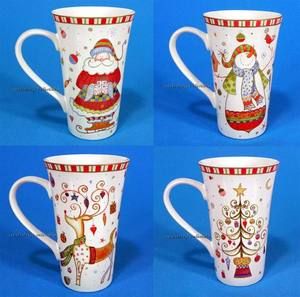 222 Fifth Christmas Play Tall Latte Coffee Mug Set of 4 Santa Snowman 