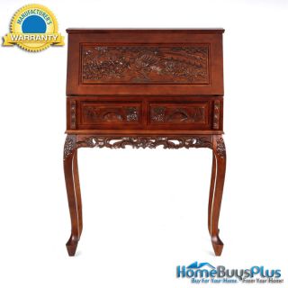 Hand Carved Wood Drop Front Desk Writing Cherry Finish W/ Drawers