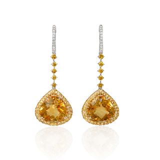  Tone Gold Diamond Yellow Sapphire and Citrine Dangle Earrings