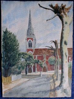 WATERCOLOR PAINTING RED CHURCH ROAD FRANCE POST WAR LANDSCAPE